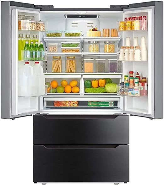 French-door fridge with bottom freezer drawers, open and stocked