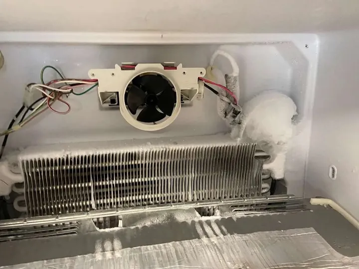 Fridge evaporator and fan covered in ice from a defrost fault