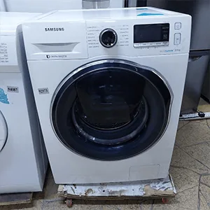 White Samsung AddWash front-load washing machine on a trolley in the workshop