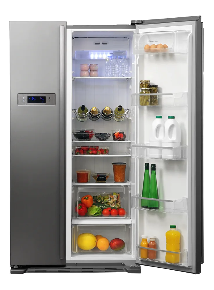 Side-by-side fridge with both doors open and full of food